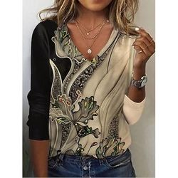 T-shirt da donna V Neck a maniche lunghe tunica floreale grafica piante vintage elegante classica regolari tops stampa quotidiana viola arancione marrone verde estate primavera autunno