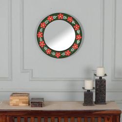 'Flower-Themed Ceramic Mosaic Mirror in Green and Tangerine'