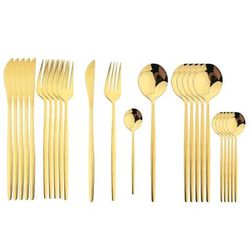 24 Piece Black Handle Golden Cutlery Set | Stainless Steel Knife Fork Spoon | Tableware Flatware Set For Kitchen & Dinin Gold