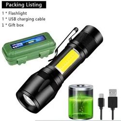 Mini LED Flashlight With COB+XPE USB Rechargeable, Zoomable Focus, Tactical Design With Pen Clip 1pc With Box
