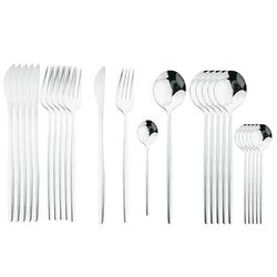 24 Piece Black Handle Golden Cutlery Set | Stainless Steel Knife Fork Spoon | Tableware Flatware Set For Kitchen & Dinin Silver