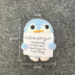 Cute Smiling Penguin Doll Mini Animal Knitted Ornament Hand Woven Doll With Positive Card blue