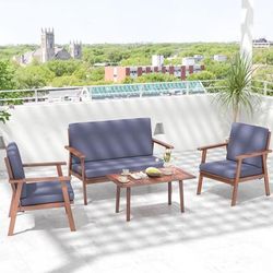 Acacia Wood Patio Set (4 Piece), Outdoor Conversation Set With Soft Seat & Back Cushions For Backyard & Garden Acacia Wood Patio Set (4 Piece), Outdoor Conversation Set With Soft Seat & Back Cushions For Backyard & Garden
