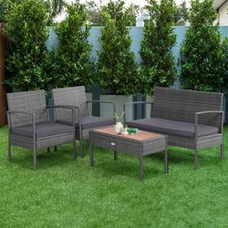 Elegant 4 Piece Rattan Patio Furniture Set, Acacia Wood Tabletop & Weather Resistant Wicker Design Elegant 4 Piece Rattan Patio Furniture Set, Acacia Wood Tabletop & Weather Resistant Wicker Design