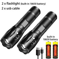 Portable Aluminum Alloy LED Flashlight: Powerful USB Rechargeable Torch For Outdoor Camping Tactical Flash Light 2 X Flashlight