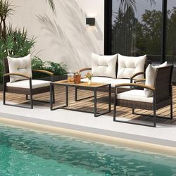 4 Piece Patio Conversation Set With Acacia Wood Armrests, Tabletop & Cushions Outdoor Rattan Furniture 4 Piece Patio Conversation Set With Acacia Wood Armrests, Tabletop & Cushions Outdoor Rattan Furniture