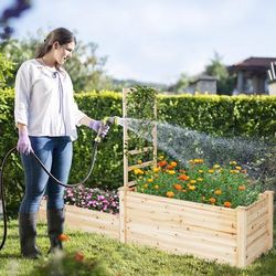 Raised Garden Bed With Trellis Planter Box, 2 Tier Wooden Elevated Garden Box For Vegetables, Herbs & Climbing Plants Raised Garden Bed With Trellis Planter Box, 2 Tier Wooden Elevated Garden Box For Vegetables, Herbs & Climbing Plants