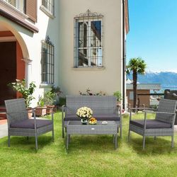 Outdoor Rattan Conversation Set, 4 Piece Patio Furniture With Comfortable Cushions Outdoor Rattan Conversation Set, 4 Piece Patio Furniture With Comfortable Cushions