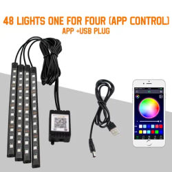 RGB Car LED Interior Lights Wireless Remote & Music Sync, USB Powered Ambient Footwell Lighting For Custom Car Decor 48led App Usb