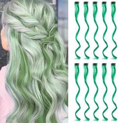 Colorful Curly Hair Extensions, Synthetic Long Hairpiece For Girls, Women & Kids (Perfect Party Wig) emerald Green 22 Inches
