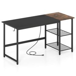 Modern Industrial Computer Desk With Tier Bookshelf, Power Strip & Metal Frame, Ideal For Home Office Or Gaming Modern Industrial Computer Desk With Tier Bookshelf, Power Strip & Metal Frame, Ideal For Home Office Or Gaming