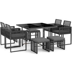 Outdoor Patio Dining Set With Cushions For Yard And Garden, Foldable Chairs & Ottomans, PE Wicker, Tempered Glass Outdoor Patio Dining Set With Cushions For Yard And Garden, Foldable Chairs & Ottomans, PE Wicker, Tempered Glass