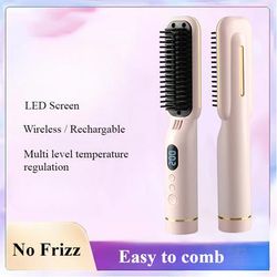 Wireless Hair Styler Negative Ion Comb, Hair Straightener & Curling Comb, LED Screen, Rechargeable Hot Comb Voluminous cherry