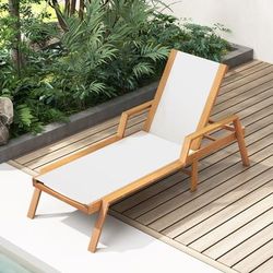 Acacia Wood Chaise Lounge Chair, Patio Recliner With 5 Position Adjustable Backrest & Breathable Fabric Seat Acacia Wood Chaise Lounge Chair, Patio Recliner With 5 Position Adjustable Backrest & Breathable Fabric Seat