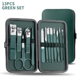 Portable Nail Clipper And Pedicure Scissors Set 13 Pcs Green
