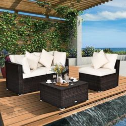 4 Pieces Patio Rattan Furniture Set With Removable Cushions, Pillows & Ottoman, Outdoor Sectional Sofa For Garden 4 Pieces Patio Rattan Furniture Set With Removable Cushions, Pillows & Ottoman, Outdoor Sectional Sofa For Garden