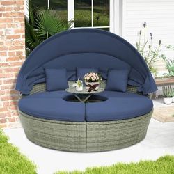 Modern Round Daybed With Retractable Canopy, PE Wicker Outdoor Daybed & Cushions For Patio, Poolside Modern Round Daybed With Retractable Canopy, PE Wicker Outdoor Daybed & Cushions For Patio, Poolside