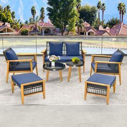 7 Piece Outdoor Conversation Set With Stable Acacia Wood Frame & Cozy Seat & Back Cushions 7 Piece Outdoor Conversation Set With Stable Acacia Wood Frame & Cozy Seat & Back Cushions