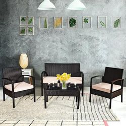 5 Piece Rattan Patio Furniture Set With Cushions & Tempered Glass Table, All Weather Lounge Set 5 Piece Rattan Patio Furniture Set With Cushions & Tempered Glass Table, All Weather Lounge Set