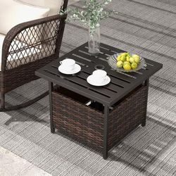 Outdoor Patio Rattan Wicker Steel Side Deck Table With Umbrella Hole, Weather Resistant PE Wicker & Storage Shelf Outdoor Patio Rattan Wicker Steel Side Deck Table With Umbrella Hole, Weather Resistant PE Wicker & Storage Shelf