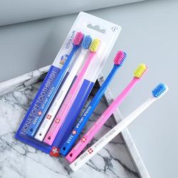 Nona Ultra Soft Microfiber Toothbrush, Swiss Style 5460 High Density For Gentle Cleaning & Gum Care blue Pink White