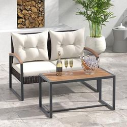 2 Piece Patio PE Wicker Furniture Set With Acacia Wood Coffee Table Outdoor Loveseat & Side Table 2 Piece Patio PE Wicker Furniture Set With Acacia Wood Coffee Table Outdoor Loveseat & Side Table