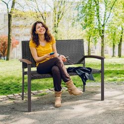 Outdoor Patio Rattan Wicker Bench With Armrest For Garden, Durable PE Rattan & Steel Frame Outdoor Patio Rattan Wicker Bench With Armrest For Garden, Durable PE Rattan & Steel Frame