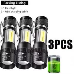 Rechargeable Mini LED Flashlight With Zoom And Waterproof Design 3pcs