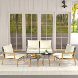 5 Piece Rattan Furniture Set, Wicker Woven Sofa Set With 2 Tempered Glass Coffee Tables For Outdoor Relaxation 5 Piece Rattan Furniture Set, Wicker Woven Sofa Set With 2 Tempered Glass Coffee Tables For Outdoor Relaxation