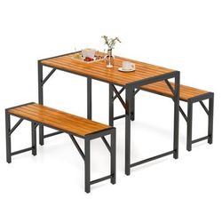 Rustic Patio Dining Set With Picnic Table & Benches, Space Saving Outdoor Dining Set For 4 With Acacia Wood Tabletop Rustic Patio Dining Set With Picnic Table & Benches, Space Saving Outdoor Dining Set For 4 With Acacia Wood Tabletop