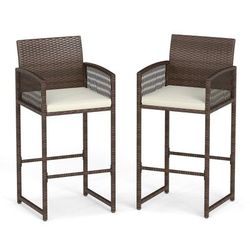 Set Of Outdoor PE Wicker Bar Height Chairs, Comfortable Patio Bar Stools With Cushions For Garden, Porch, Or Deck Set Of Outdoor PE Wicker Bar Height Chairs, Comfortable Patio Bar Stools With Cushions For Garden, Porch, Or Deck