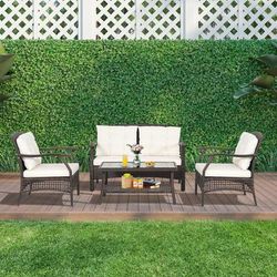 4 Piece Outdoor Rattan Conversation Set With Protective Cover Patio Furniture Sofa Set With Coffee Table 4 Piece Outdoor Rattan Conversation Set With Protective Cover Patio Furniture Sofa Set With Coffee Table