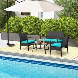 4 Piece Rattan Conversation Set With Tempered Glass Coffee Table In Turquoise Outdoor Patio Furniture 4 Piece Rattan Conversation Set With Tempered Glass Coffee Table In Turquoise Outdoor Patio Furniture