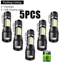 Rechargeable Mini LED Flashlight With Zoom And Waterproof Design 5pcs