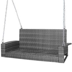 Weather Resistant PE Wicker Hanging Porch Swing Bench Chair With Cushion, High Capacity Outdoor Swing For Backyard Weather Resistant PE Wicker Hanging Porch Swing Bench Chair With Cushion, High Capacity Outdoor Swing For Backyard
