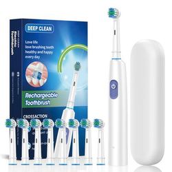 Rechargeable Electric Tooth Brush For Adults, Rotary Cleaning With 8 Brush Heads, 5 Modes, Long Lasting Battery Power white 8 Heads Box