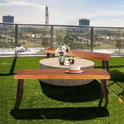 Set Of 2 Patio Acacia Wood Dining Benches 700 Lb Capacity Outdoor Bench Set With Steel Legs, Weather Resistant Set Of 2 Patio Acacia Wood Dining Benches 700 Lb Capacity Outdoor Bench Set With Steel Legs, Weather Resistant