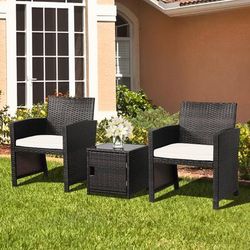 3 Piece Patio Wicker Furniture Set With Storage Table & Protective Cover, Durable Outdoor Seating 3 Piece Patio Wicker Furniture Set With Storage Table & Protective Cover, Durable Outdoor Seating