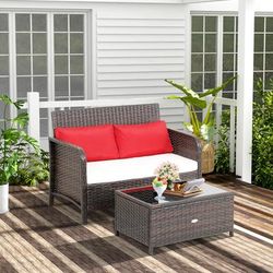 Cozy 2 Piece Wicker Loveseat Set & Tempered Glass Coffee Table, Durable Outdoor Seating Cozy 2 Piece Wicker Loveseat Set & Tempered Glass Coffee Table, Durable Outdoor Seating