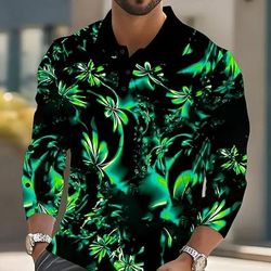 Per uomo Piante Fluorescente Polo Manica Lunga Magliette polo Bavero Casual Streetwear Athleisure Abbigliamento quotidiano Stampa 3D Bottoni Primavera Autunno Inverno Blu Viola Verde