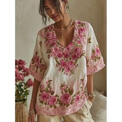 Maglietta 3D Donna Stampata Boho Grafica Piante Elegante Bohemia Vintage Maniche Corte Collo Rotondo Top Regolari Quotidiani Uscita Weekend Nero Giallo Rosa Viola Rosa Pinks Estate Primavera