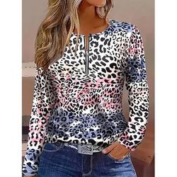 Per donna Maglietta Cerniera Stampato Ombre Grafico Leopardo Elegante Vintage Classico Manica Lunga Scollo a V Top Regolari Quotidiano Weekend Rosa Primavera Autunno