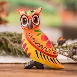 Overjoyed Owl,'Hand-Painted Owl and Floral-Themed Pinewood Figurine'