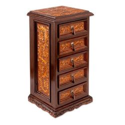 'Baroque-Inspired Embossed Leather and Wood Jewelry Chest'
