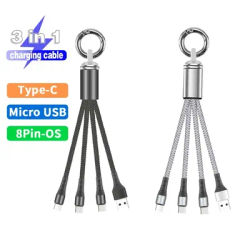 Porte-clés câble court 3 en 1 USB câble de charge rapide Type C Micro IOS câble de chargeur multiple pour iPhone Samsung cordon tressé en Nylon