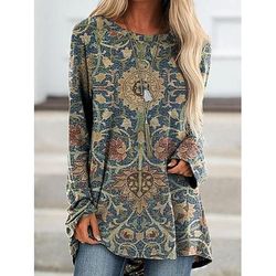 Per donna Maglietta Stampato Grafico Tribale Vintage Elegante Casual Manica Lunga Girocollo Top lunghi Quotidiano Blu Marrone Verde Cachi Primavera Autunno