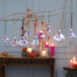 Spooky Dolls,'9 White Embroidered Viscose Spooky Doll Halloween Ornaments'