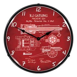 Collectable Sign and Clock Gatling Gun Patent Blueprint Backlit Wall Clock