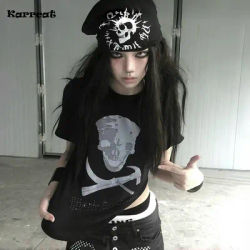Karrcat Grunge Aesthetics Skull Print T-shirt Trashy 2000s Style Crop Tops Japanese Y2k Short Sleeve Tee Shirt Gothic Punk 90s
