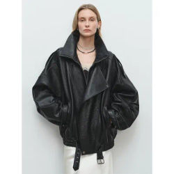 Oversize Genuine Leather Motorcycle Jacket for Women High-end Simple Double-layer Stand Collar Design Bubble Real Sheepskin Coat